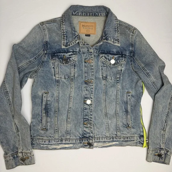 Blank NYC Distressed Denim Jacket Neon Yellow Accent Side Zippers Size Small EUC - Picture 2 of 11